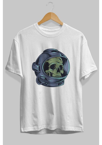 Astroskull Ön Baskılı Beyaz Oversize T-Shirt Erkek Kadın Bisiklet Yaka fırsatları