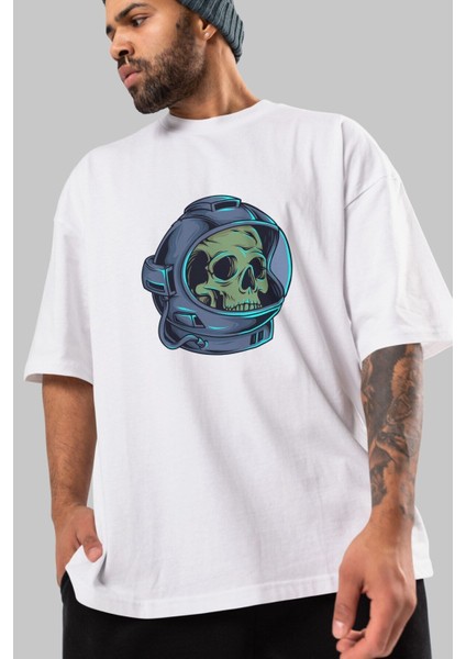 Astroskull Ön Baskılı Beyaz Oversize T-Shirt Erkek Kadın Bisiklet Yaka indirimleri