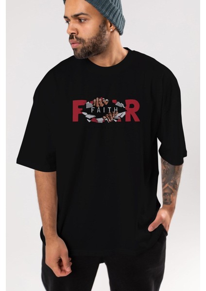 Faith Over Fear Ön Baskılı Siyah Oversize T-Shirt Erkek Kadın Bisiklet Yaka fırsatları