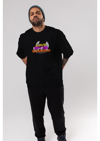 Love Peace Summer Ön Baskılı Siyah Oversize T-Shirt Erkek Kadın Bisiklet Yaka modelleri