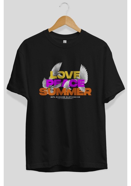 Love Peace Summer Ön Baskılı Siyah Oversize T-Shirt Erkek Kadın Bisiklet Yaka indirimleri