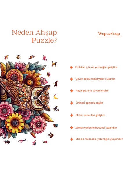 Çiçekli Baykuş Ahşap Puzzle Yetişkin Benzersiz Parçalı Yapboz Puzzle Yapıştırıcılı Wz-07