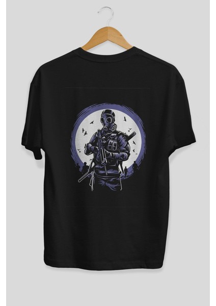 Gas Mask Soldier Arka Baskılı Siyah Oversize T-Shirt Erkek Kadın Bisiklet Yaka fiyatları
