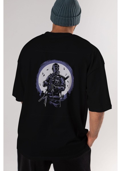 Gas Mask Soldier Arka Baskılı Siyah Oversize T-Shirt Erkek Kadın Bisiklet Yaka indirimleri