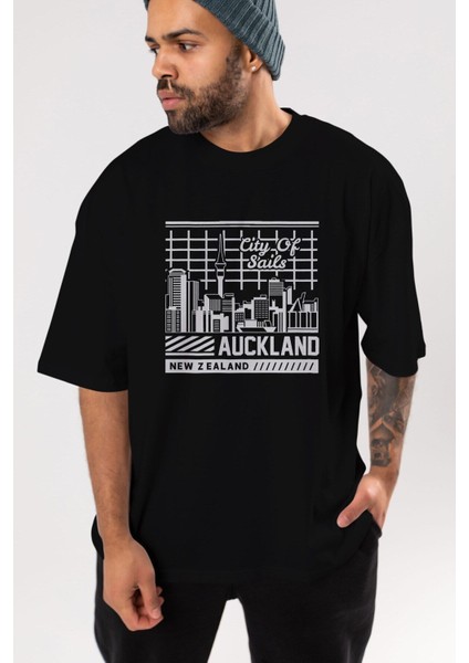 Auckland Ön Baskılı Siyah Oversize T-Shirt Erkek Kadın Bisiklet Yaka modelleri