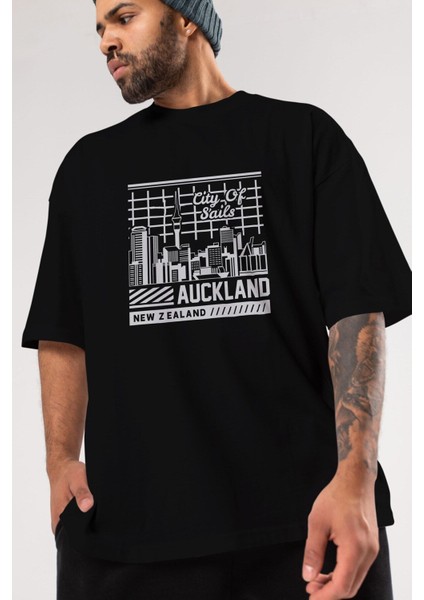 Auckland Ön Baskılı Siyah Oversize T-Shirt Erkek Kadın Bisiklet Yaka fırsatları