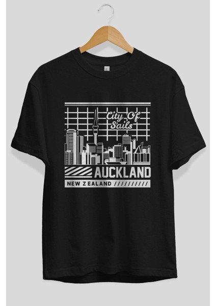 Auckland Ön Baskılı Siyah Oversize T-Shirt Erkek Kadın Bisiklet Yaka indirimleri