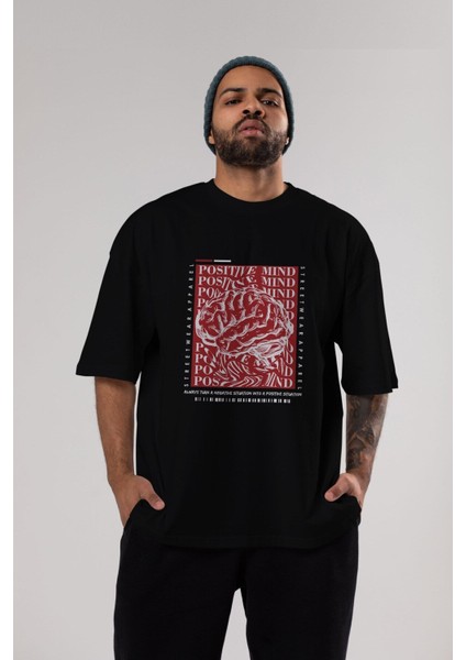 Positive Mind Ön Baskılı Siyah Oversize T-Shirt Erkek Kadın Bisiklet Yaka