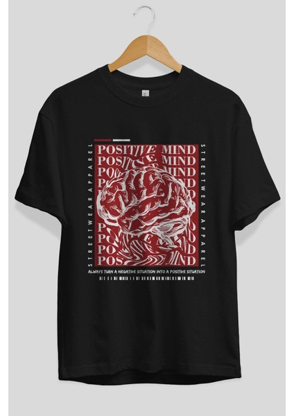 Positive Mind Ön Baskılı Siyah Oversize T-Shirt Erkek Kadın Bisiklet Yaka fırsatları