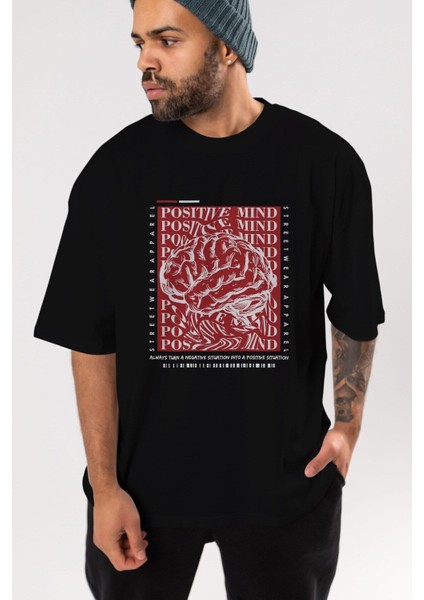 Positive Mind Ön Baskılı Siyah Oversize T-Shirt Erkek Kadın Bisiklet Yaka indirimleri