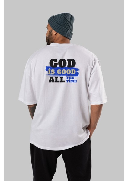 God Is Good Yazılı Arka Baskılı Beyaz Oversize T-Shirt Erkek Kadın Bisiklet Yaka modelleri