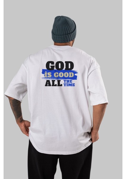 God Is Good Yazılı Arka Baskılı Beyaz Oversize T-Shirt Erkek Kadın Bisiklet Yaka fırsatları