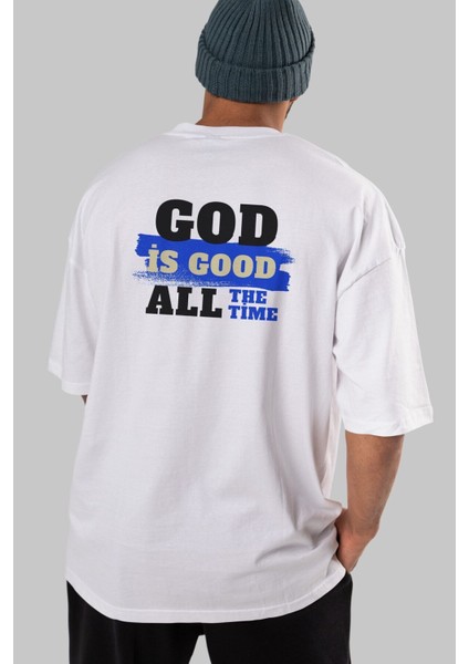 God Is Good Yazılı Arka Baskılı Beyaz Oversize T-Shirt Erkek Kadın Bisiklet Yaka indirimleri