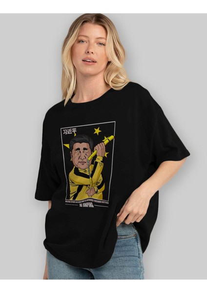 Xi Jinping Bruce Lee Ön Baskılı Siyah Oversize T-Shirt Erkek Kadın Bisiklet Yaka