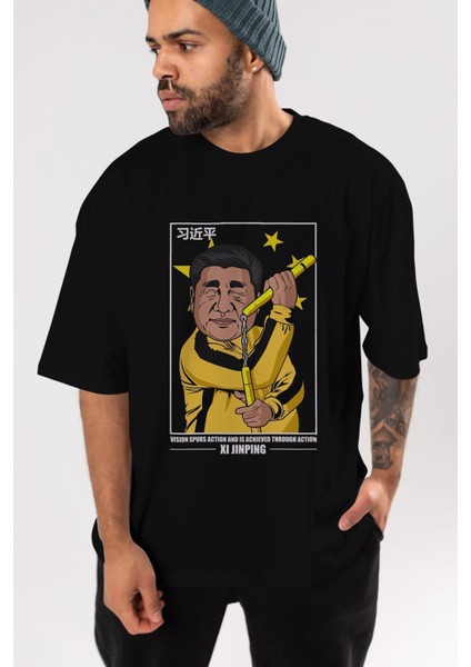Xi Jinping Bruce Lee Ön Baskılı Siyah Oversize T-Shirt Erkek Kadın Bisiklet Yaka modelleri