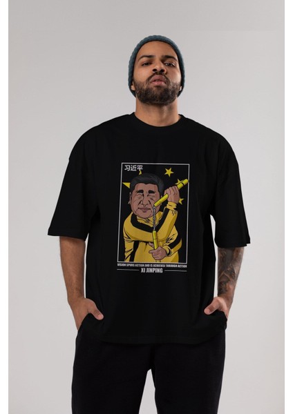 Xi Jinping Bruce Lee Ön Baskılı Siyah Oversize T-Shirt Erkek Kadın Bisiklet Yaka fırsatları