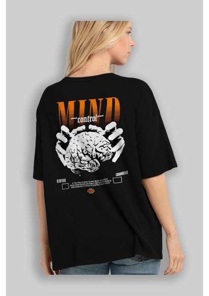 Mind Control Arka Baskılı Siyah Oversize T-Shirt Erkek Kadın Bisiklet Yaka fiyatları