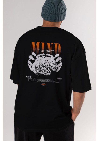 Mind Control Arka Baskılı Siyah Oversize T-Shirt Erkek Kadın Bisiklet Yaka indirimleri