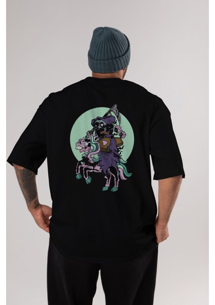 Grim Reaper Riding Arka Baskılı Siyah Oversize T-Shirt Erkek Kadın Bisiklet Yaka