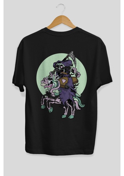 Grim Reaper Riding Arka Baskılı Siyah Oversize T-Shirt Erkek Kadın Bisiklet Yaka fiyatları