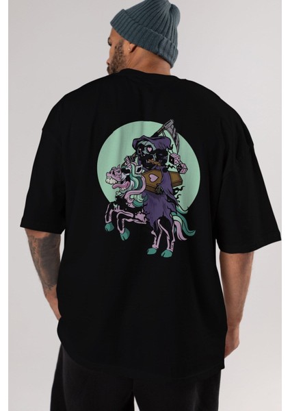 Grim Reaper Riding Arka Baskılı Siyah Oversize T-Shirt Erkek Kadın Bisiklet Yaka modelleri