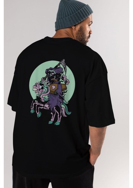 Grim Reaper Riding Arka Baskılı Siyah Oversize T-Shirt Erkek Kadın Bisiklet Yaka fırsatları