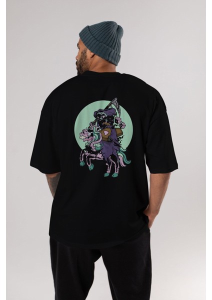 Grim Reaper Riding Arka Baskılı Siyah Oversize T-Shirt Erkek Kadın Bisiklet Yaka indirimleri
