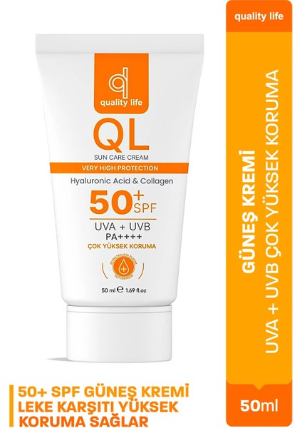 Ql Yüz Güneş Kremi Su Bazlı Leke Karşıtı 50+ Spf Hyaluronik Asit ve Collagen 50 ml Uva + Uvb Çok Yüksek Koruma 50 Faktör