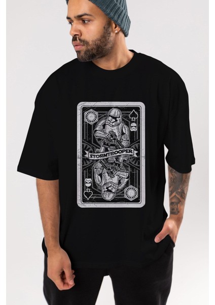 Stormtrooper Playing Ön Baskılı Siyah Oversize T-Shirt Erkek Kadın Bisiklet Yaka