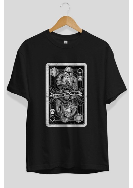 Stormtrooper Playing Ön Baskılı Siyah Oversize T-Shirt Erkek Kadın Bisiklet Yaka