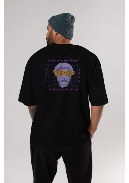 As Yellow As Sunflower Arka Baskılı Siyah Oversize T-Shirt Erkek Kadın Bisiklet Yaka