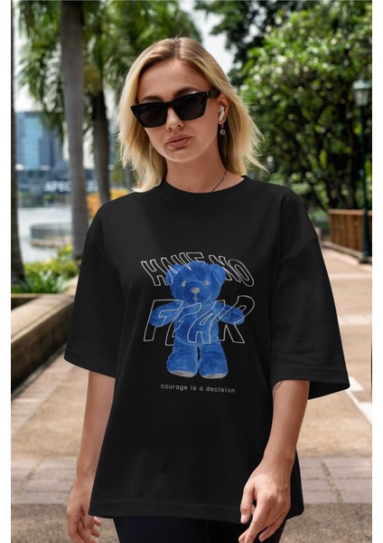 Have No Fear Bear Ön Baskılı Siyah Oversize T-Shirt Erkek Kadın Bisiklet Yaka modelleri