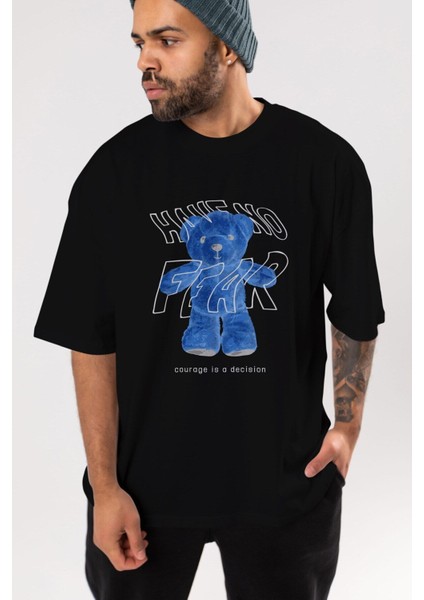 Have No Fear Bear Ön Baskılı Siyah Oversize T-Shirt Erkek Kadın Bisiklet Yaka fırsatları