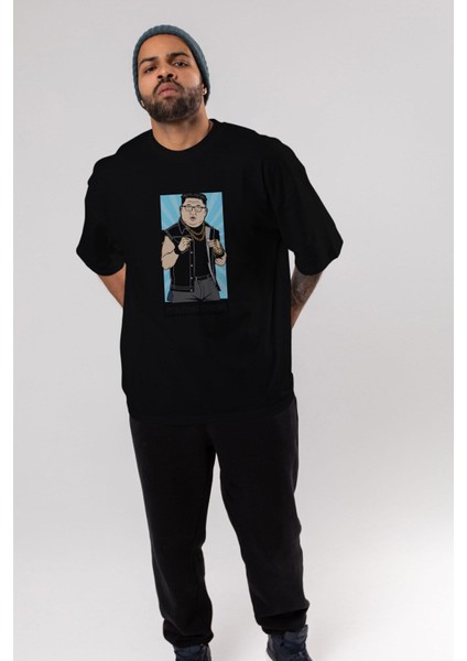 Kim Jong Un Pyongyang Supreme Ön Baskılı Siyah Oversize T-Shirt Erkek Kadın Bisiklet Yaka