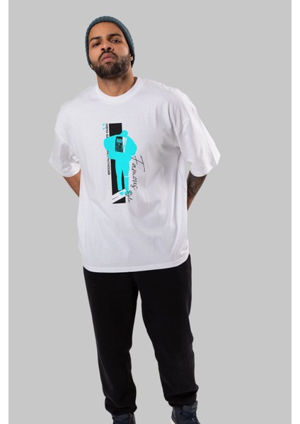 Brooklyn Style Ön Baskılı Beyaz Oversize T-Shirt Erkek Kadın Bisiklet Yaka