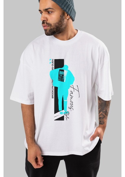 Brooklyn Style Ön Baskılı Beyaz Oversize T-Shirt Erkek Kadın Bisiklet Yaka modelleri