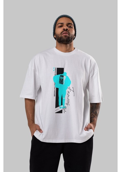 Brooklyn Style Ön Baskılı Beyaz Oversize T-Shirt Erkek Kadın Bisiklet Yaka fırsatları