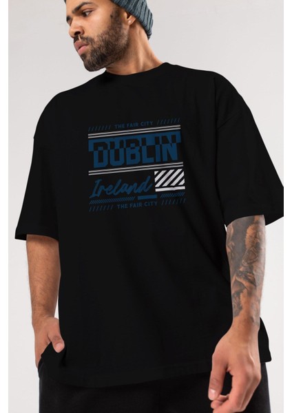 Dublin Ön Baskılı Siyah Oversize T-Shirt Erkek Kadın Bisiklet Yaka