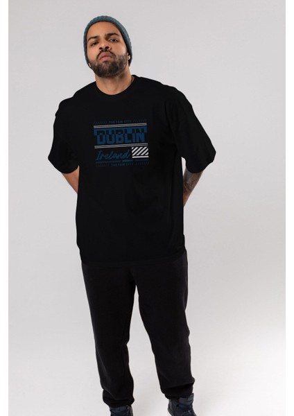 Dublin Ön Baskılı Siyah Oversize T-Shirt Erkek Kadın Bisiklet Yaka fırsatları