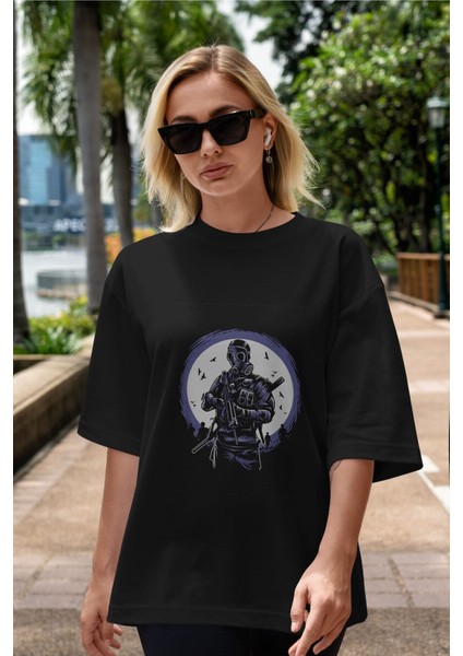 Gas Mask Soldier Ön Baskılı Siyah Oversize T-Shirt Erkek Kadın Bisiklet Yaka fırsatları