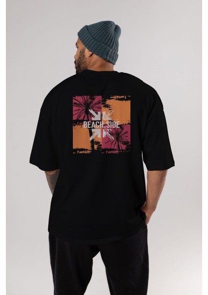 Beach Side Arka Baskılı Siyah Oversize T-Shirt Erkek Kadın Bisiklet Yaka