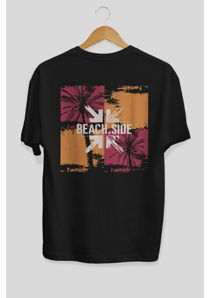 Beach Side Arka Baskılı Siyah Oversize T-Shirt Erkek Kadın Bisiklet Yaka fiyatları