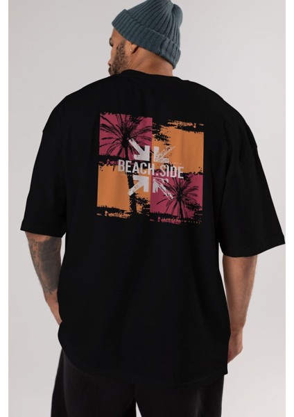 Beach Side Arka Baskılı Siyah Oversize T-Shirt Erkek Kadın Bisiklet Yaka modelleri