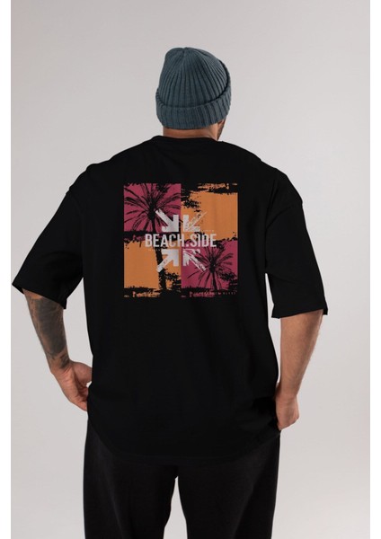 Beach Side Arka Baskılı Siyah Oversize T-Shirt Erkek Kadın Bisiklet Yaka fırsatları