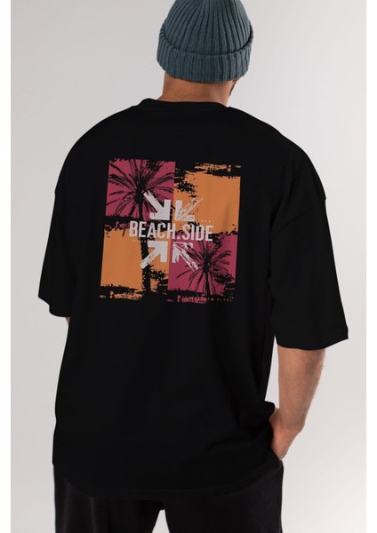 Beach Side Arka Baskılı Siyah Oversize T-Shirt Erkek Kadın Bisiklet Yaka indirimleri