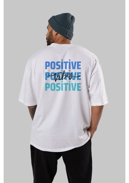Positive Vibes 2 Arka Baskılı Beyaz Oversize T-Shirt Erkek Kadın Bisiklet Yaka