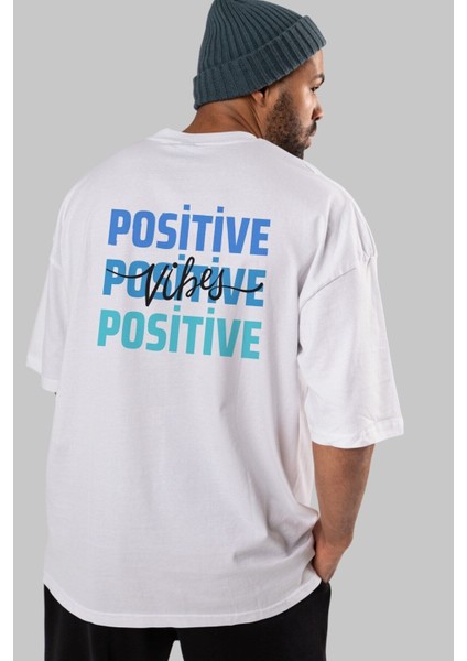 Positive Vibes 2 Arka Baskılı Beyaz Oversize T-Shirt Erkek Kadın Bisiklet Yaka fiyatları