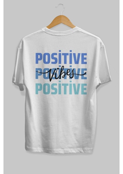 Positive Vibes 2 Arka Baskılı Beyaz Oversize T-Shirt Erkek Kadın Bisiklet Yaka modelleri