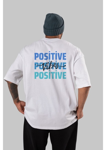 Positive Vibes 2 Arka Baskılı Beyaz Oversize T-Shirt Erkek Kadın Bisiklet Yaka fırsatları