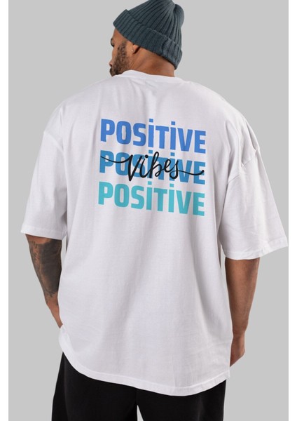 Positive Vibes 2 Arka Baskılı Beyaz Oversize T-Shirt Erkek Kadın Bisiklet Yaka indirimleri